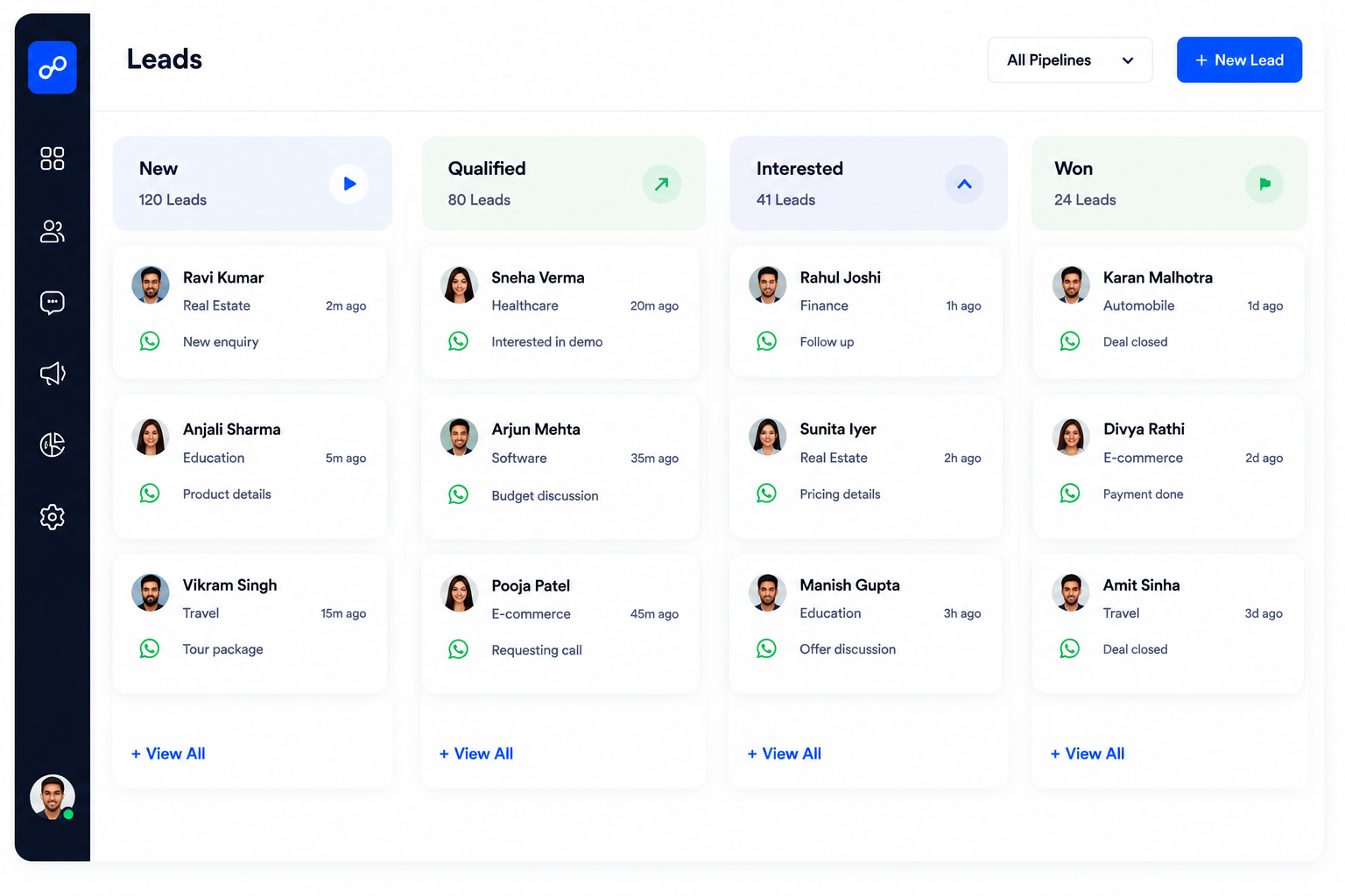 SimpleFloww Smart CRM Kanban Pipeline displaying lead scoring, conversation tracking, and team collaboration